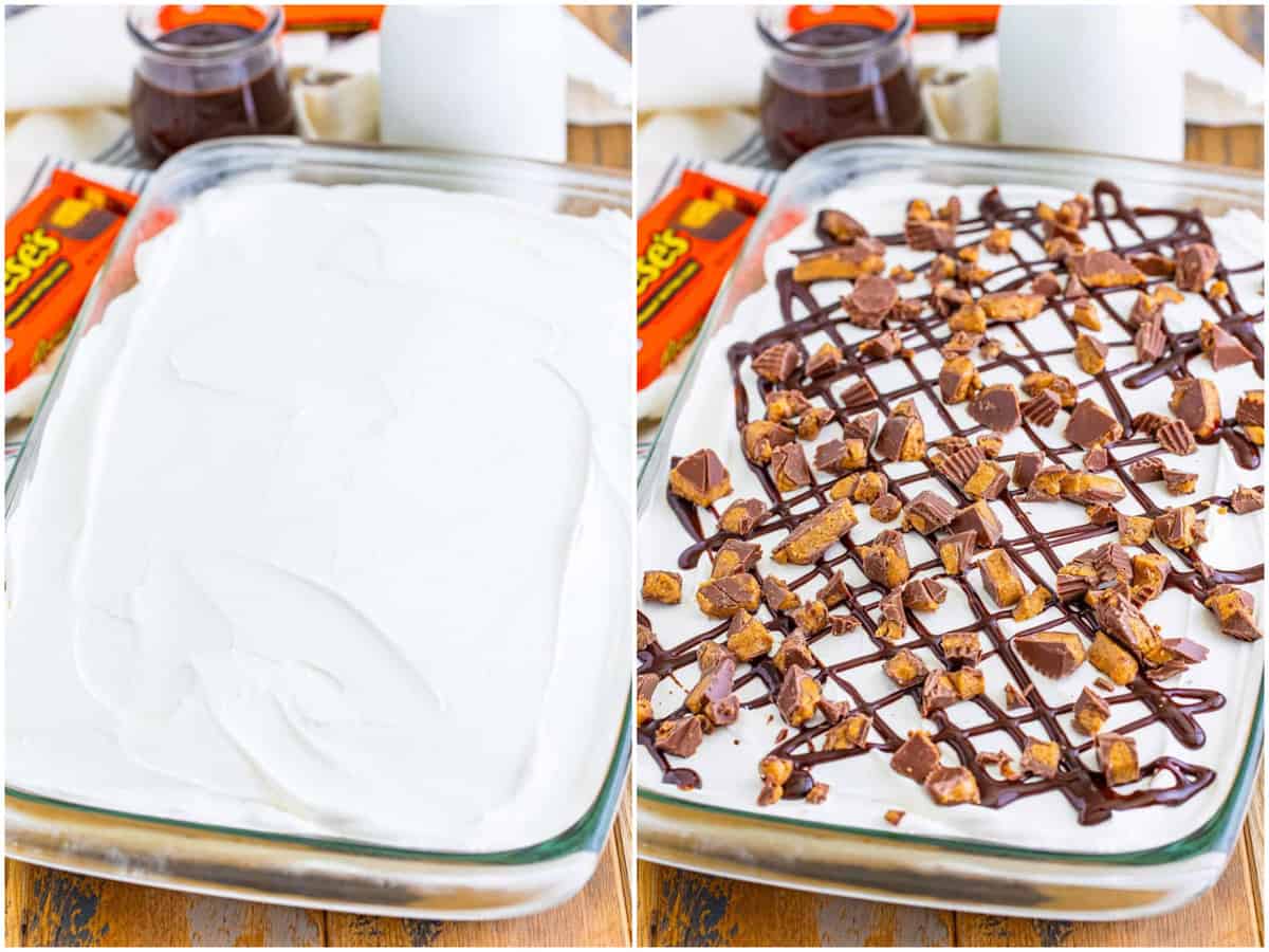 collage of two photos: whipped topping spread on top of cake; cake topped with chocolate syrup and chopped Reese's peanut butter cups. 