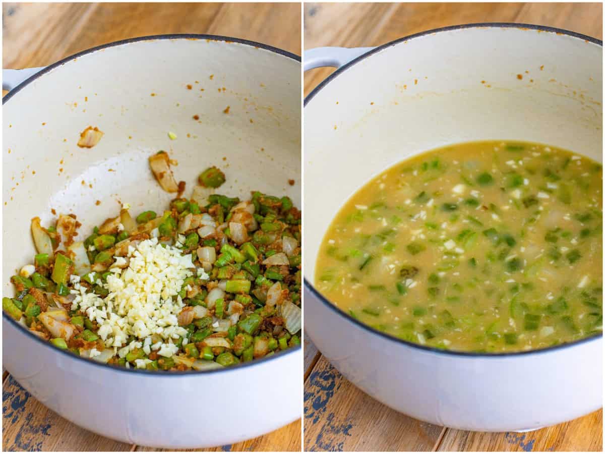collage of two photos: minced garlic added to pot; chicken broth poured into pot with other ingredients.