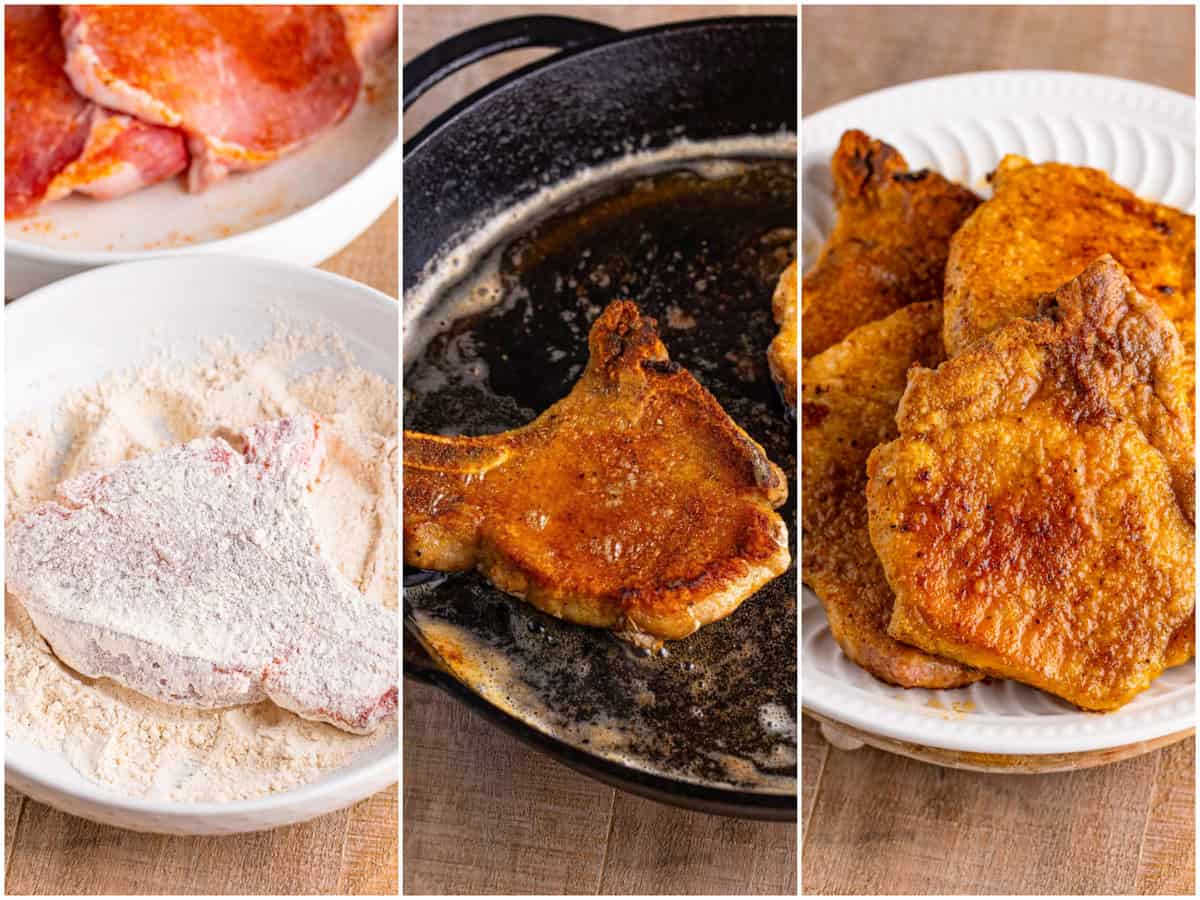 collage of three photos: flour covered pork chop in a bowl; pork chop cooking in a cast iron skillet; cooked pork chops stacked on a plate. 