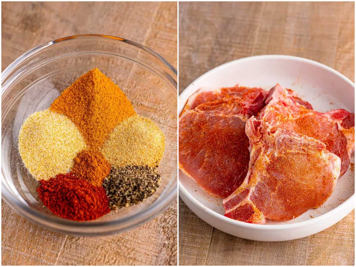 collage of two photos: A small mixing bowl with salt, garlic powder, onion powder, paprika, pepper, and cayenne; seasoned pork chops in a bowl. 