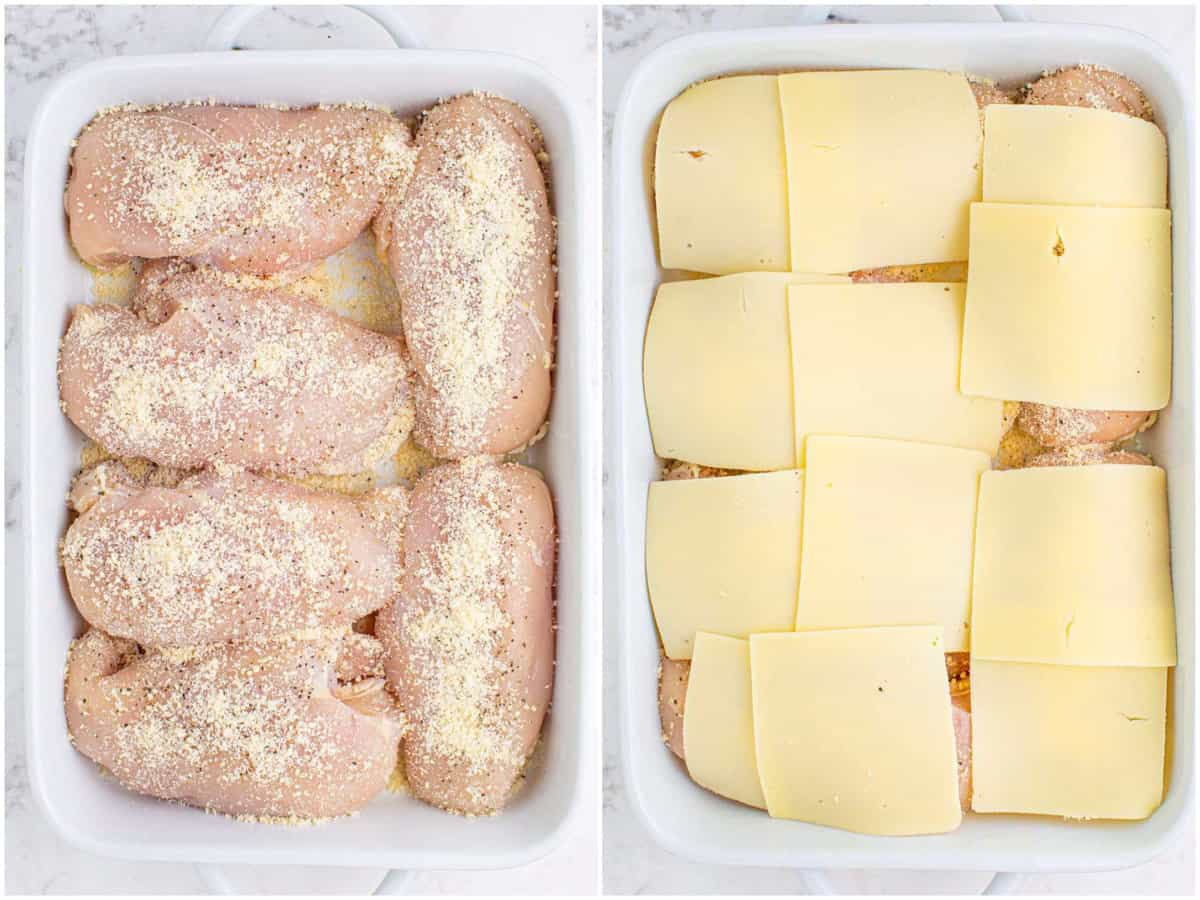 a collage of two photos: a baking dish with chicken sprinkled with grated parmesan, salt and pepper; slices of sweets chicken on top of the chicken breasts. 