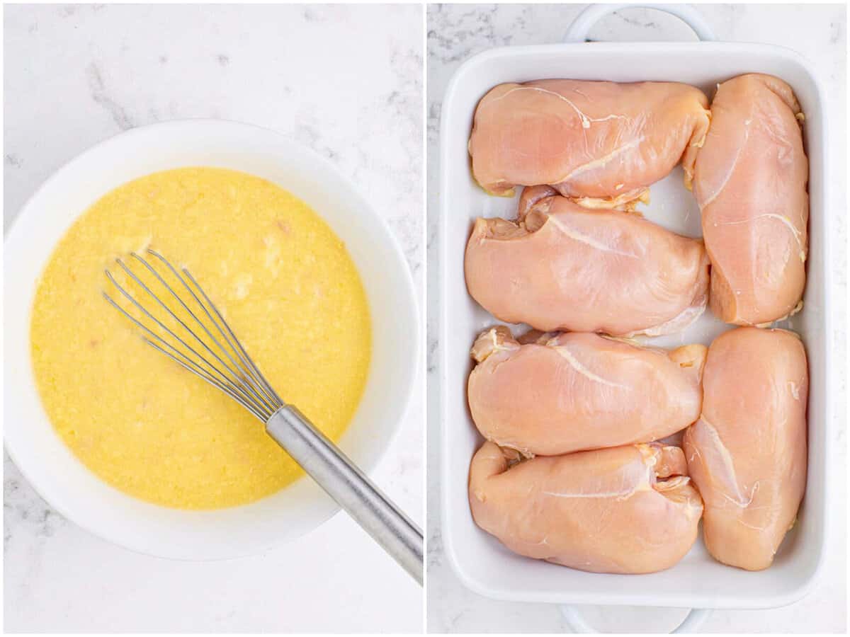 collage of two photos: a mixing bowl of cream of chicken soup, chicken broth and minced garlic; chicken breasts in a baking dish.