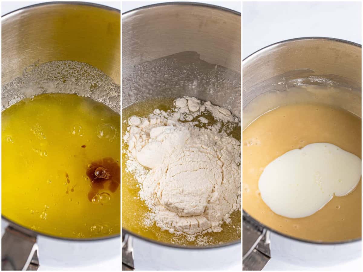 collage of three photos: vanilla and almond extracts added to stand mixer bowl; flour added to batter; buttermilk added to the batter. 