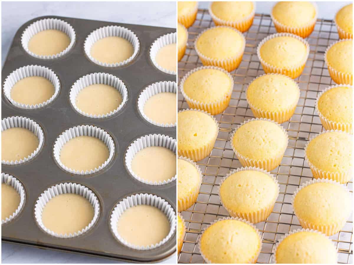 collage: cupcake batter shown in muffing tin; fully baked cupcakes on a cooling rack. 