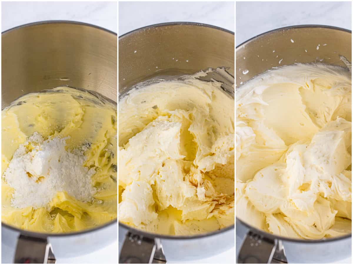 collage of three photos: powdered sugar added to creamed butter in stand mixer bowl; extract flavoring added to mixture; buttercream frosting fully mixed in fluffy in mixer bowl. 