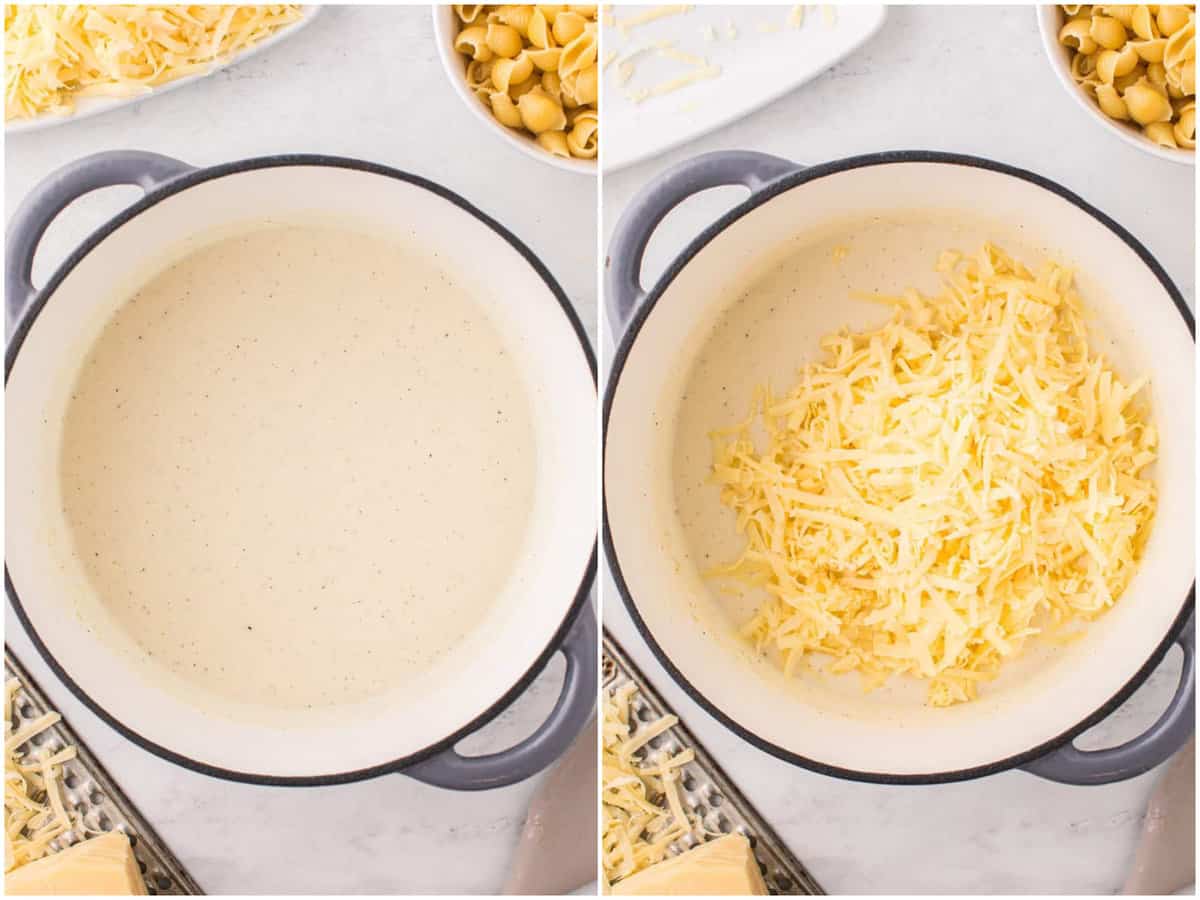 collage of two photos: milk mixed into the sauce mixture; shredded cheese on top of sauce in a pot.