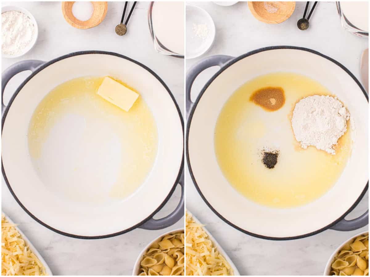 collage of two photos: a large pot melting a stick of butter; large pot with melted butter, flour, garlic powder, salt, and pepper.