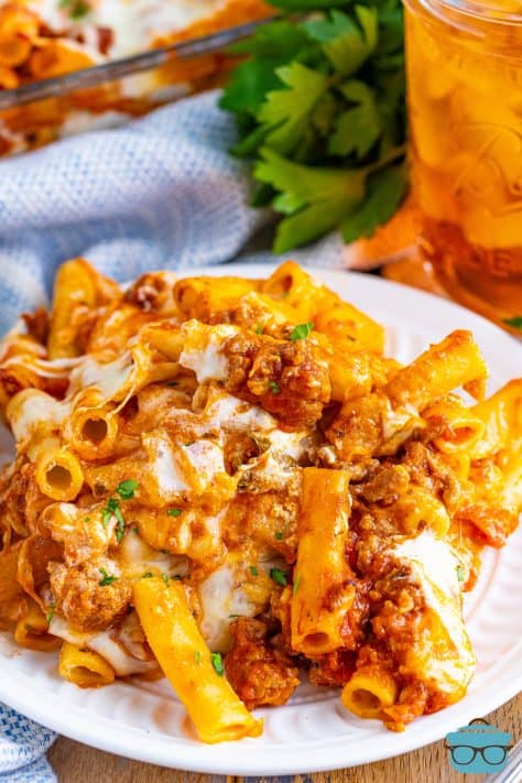 A large serving of Baked Ziti for two on a white dinner plate.