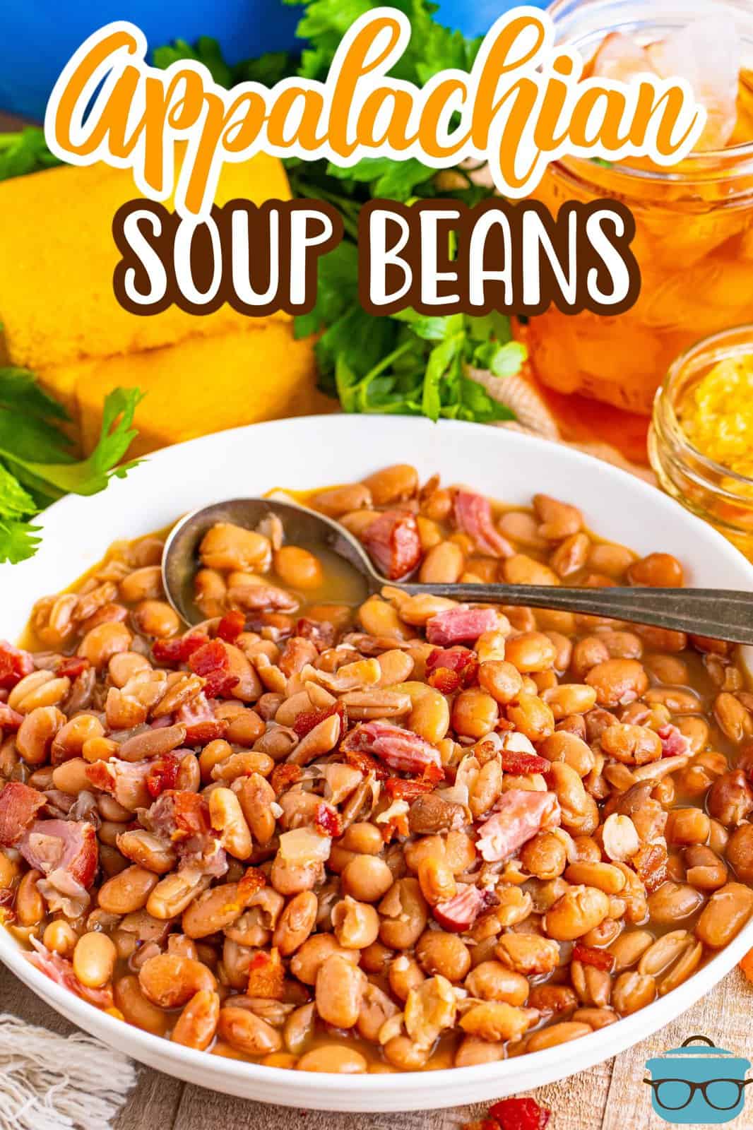 A large white bowl of Soup Beans with a spoon in it.
