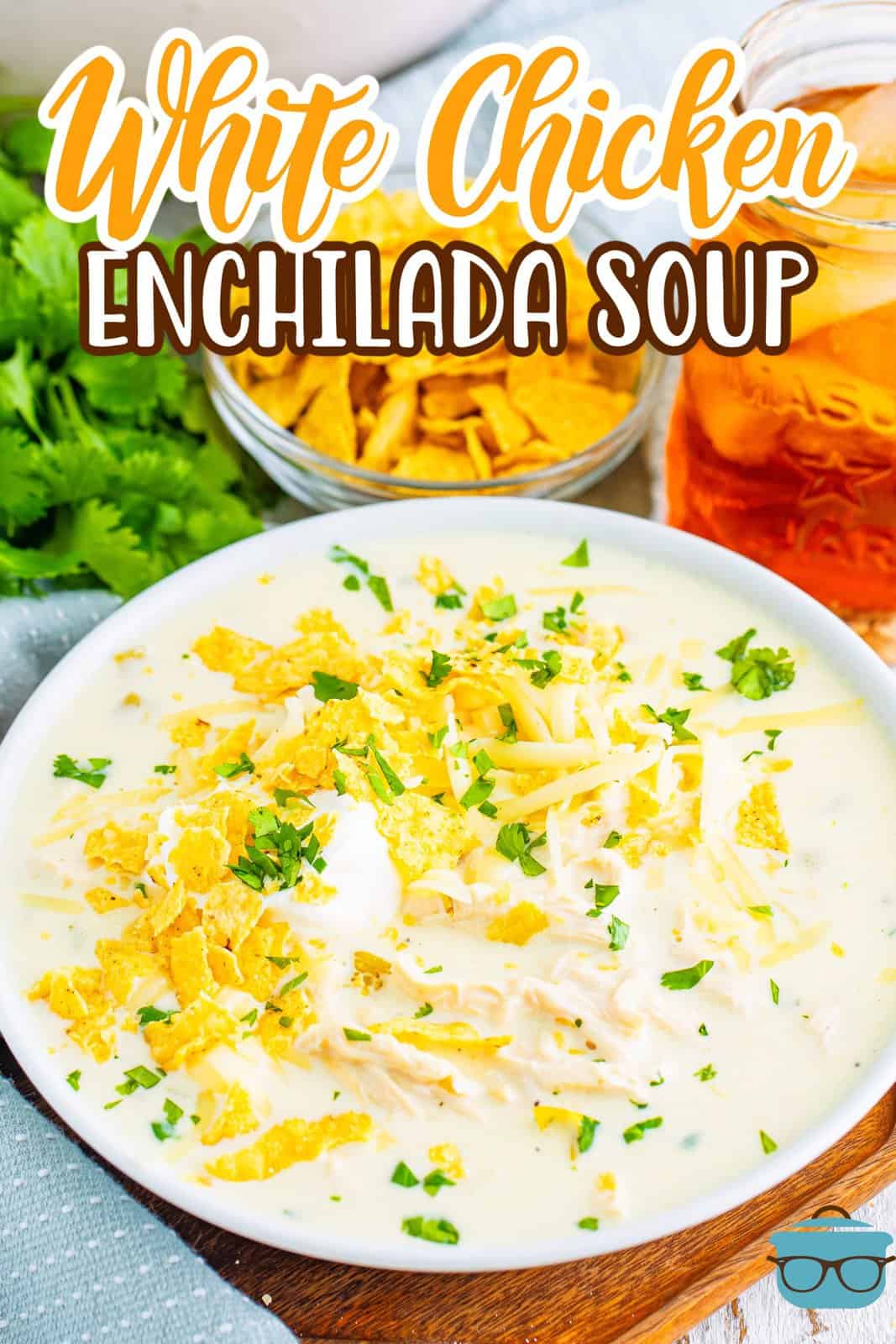 A large Dutch oven with White Chicken Enchilada Soup.