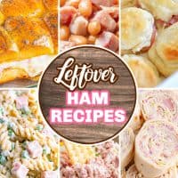 a collage of 6 photos featuring ham recipes with text on the collage that says "Leftover Ham Recipes".