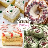 Weekend Potluck featured recipes: Sugar Cookie Bars, Christmas Cranberry Pound Cake, Little Debbie Christmas Tree Cheesecake and Cranberry Jalapeño Pinwheels.