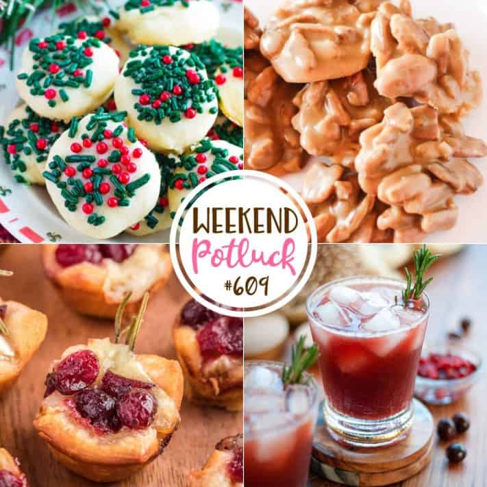 Weekend Potluck featured recipes: Christmas Butter Cookies, Easy Pecan Pralines, Cranberry Pomegranate Mocktail and Cranberry Brie Bites.