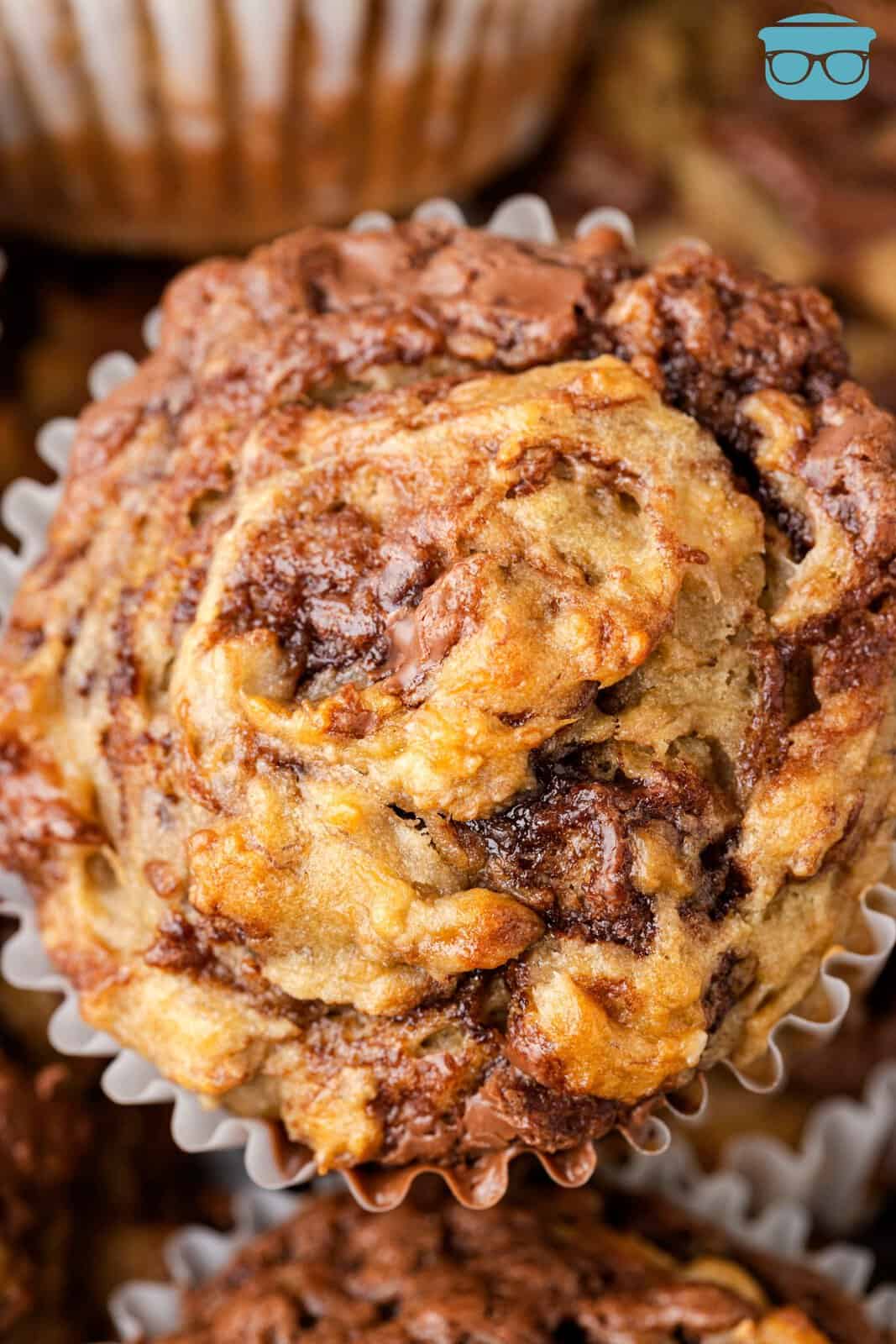 Closely looking down on a Nutella Swirl Banana Muffins.
