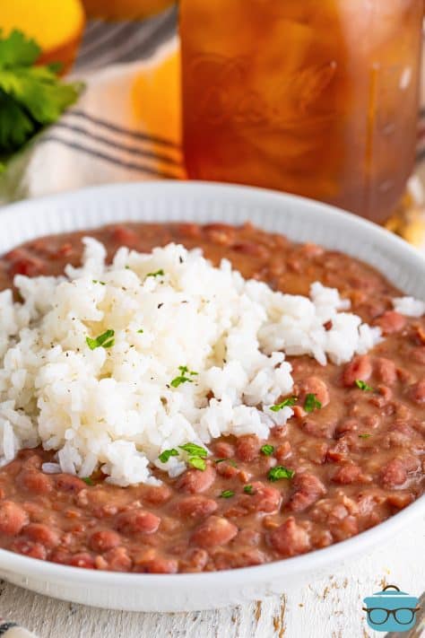 A large serving bowl of Red Beans and Rice.