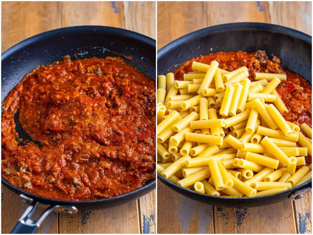 collage of two photos: pasta sauce added to skillet with Italian sausage; cooked ziti pasta added to skillet with sauce. 
