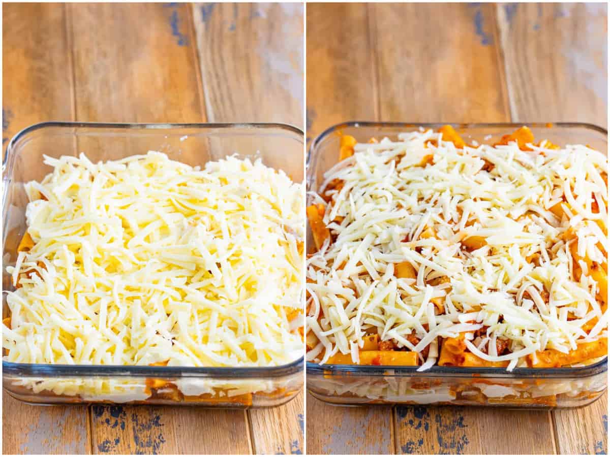 collage of two photos: Baking dish with the first few layers of uncooked baked ziti; unbaked baked ziti in a glass casserole dish.