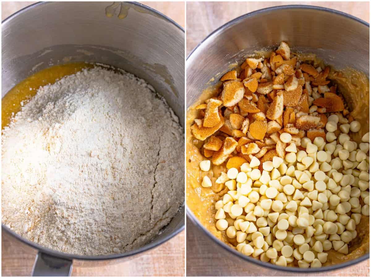 collage of two photos: dry flour ingredients added to banana mixture in the bowl; white chocolate chips and Nilla wafers added to mixing bowl. 