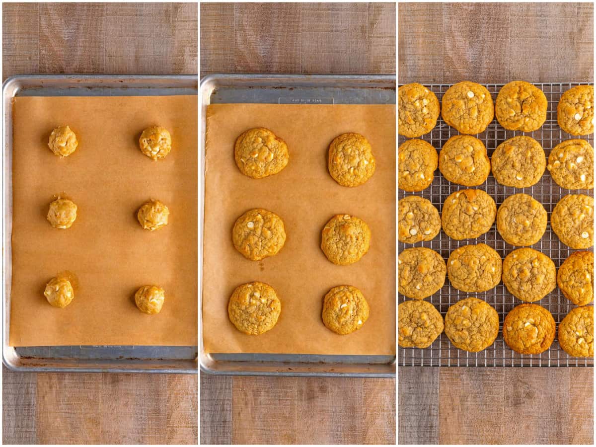 collage of three photos: cookie dough on baking sheet; baked cookies on baking sheet; baking cookies cooling on a cooling rack. 