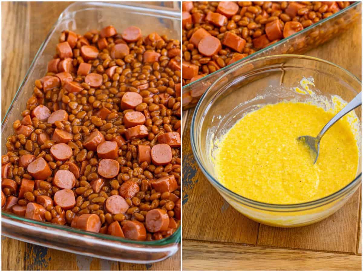 collage of two photos: Hot dogs and beans spread out in a baking dish; cornbread batter in a bowl with a spoon. 