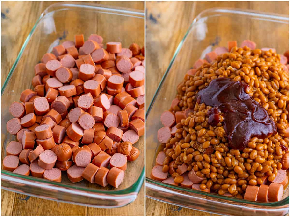 collage of two photos: sliced hot dogs in a baking dish; bbq sauce and baked beans added to sliced hot dogs. 