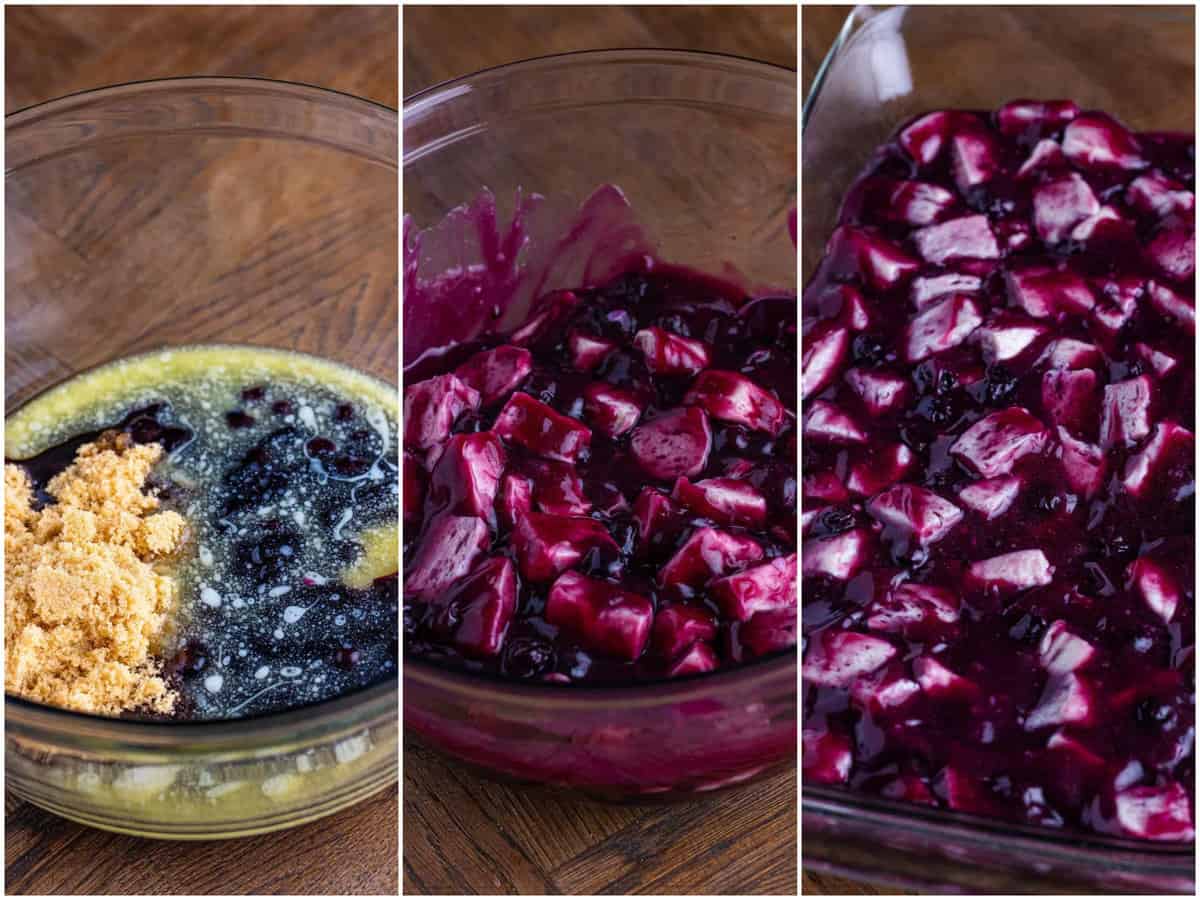 collage of three photos: a mixing bowl with blueberry pie filling, brown sugar, melted butter, and vanilla; biscuits added to blueberry mixture; blueberry mixture poured into a baking dish.