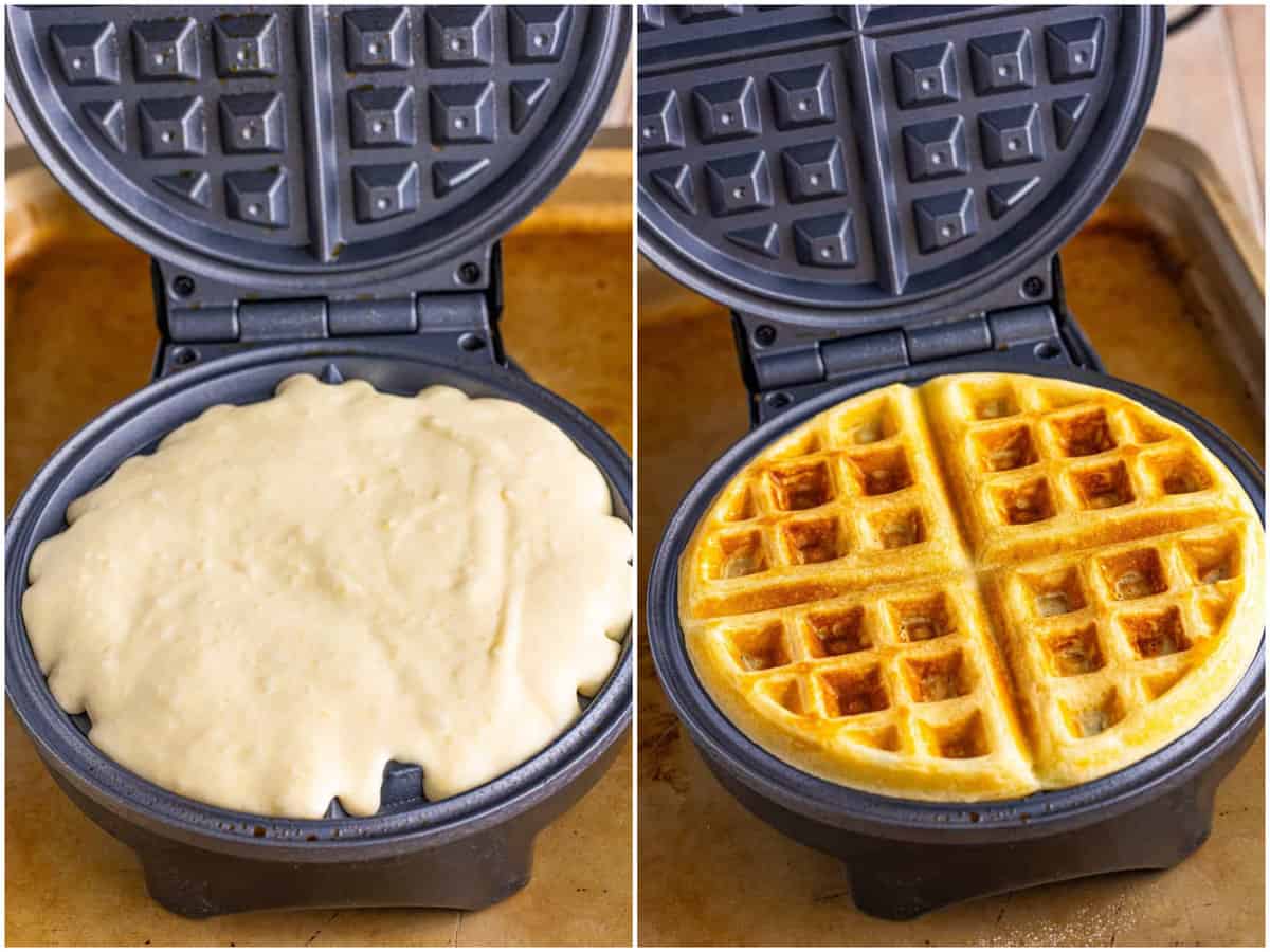 collage of two photos: waffle batter in a waffle iron; fully cooked waffle in the waffle iron. 