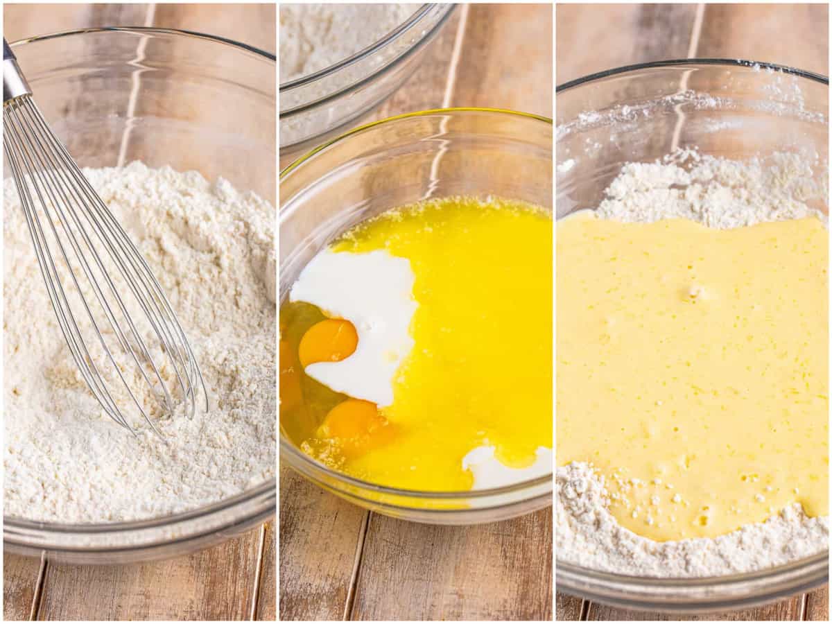 collage of three photos: A whisk, flour, baking powder, and sugar in a glass bowl; a separate bowl with eggs, buttermilk, melted butter, and vanilla; wet ingredients being combined in the bowl with dry ingredients. 