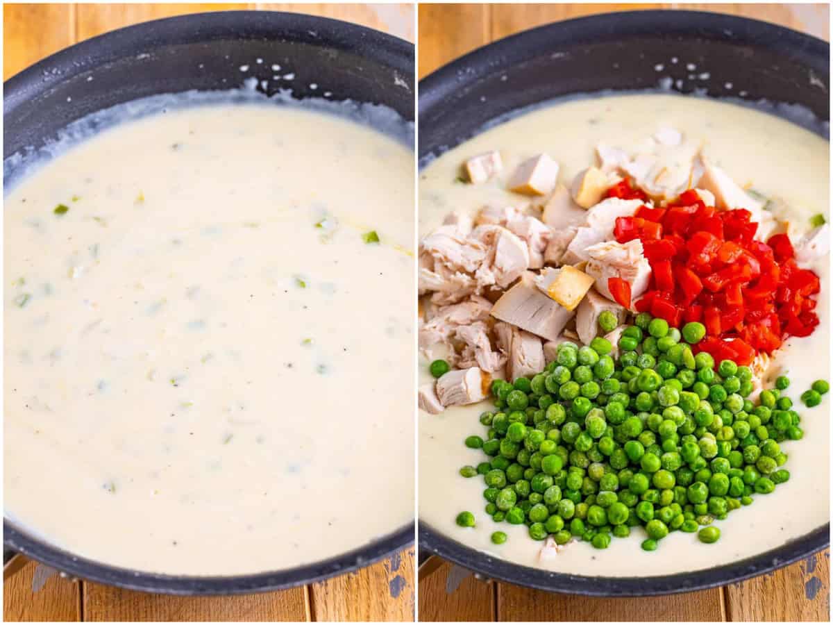 collage of two photos: cream mixture simmering in skillet; diced chicken, pimentos and frozen peas added to the skillet. 