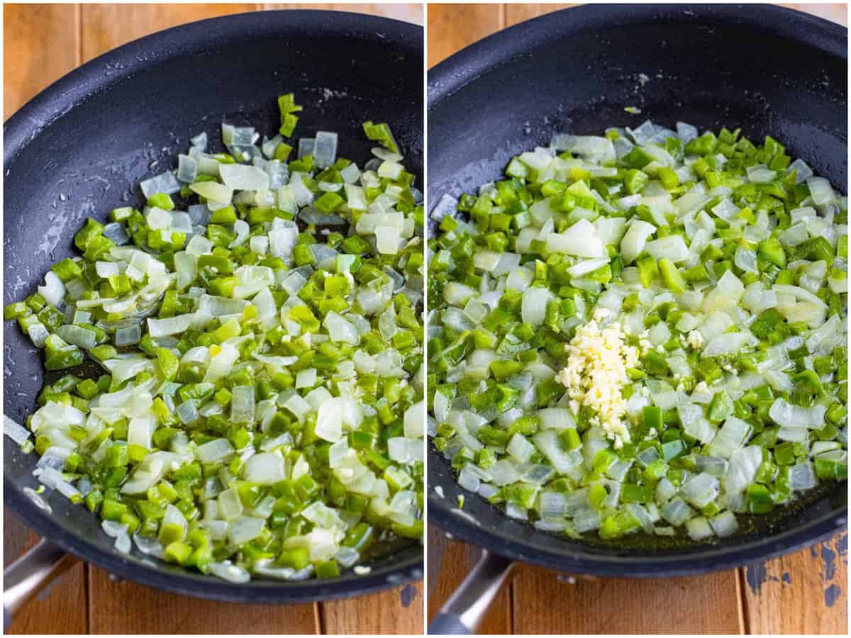 collage of two photos: diced green pepper and onions in a skillet with butter; minced garlic added to skillet. 