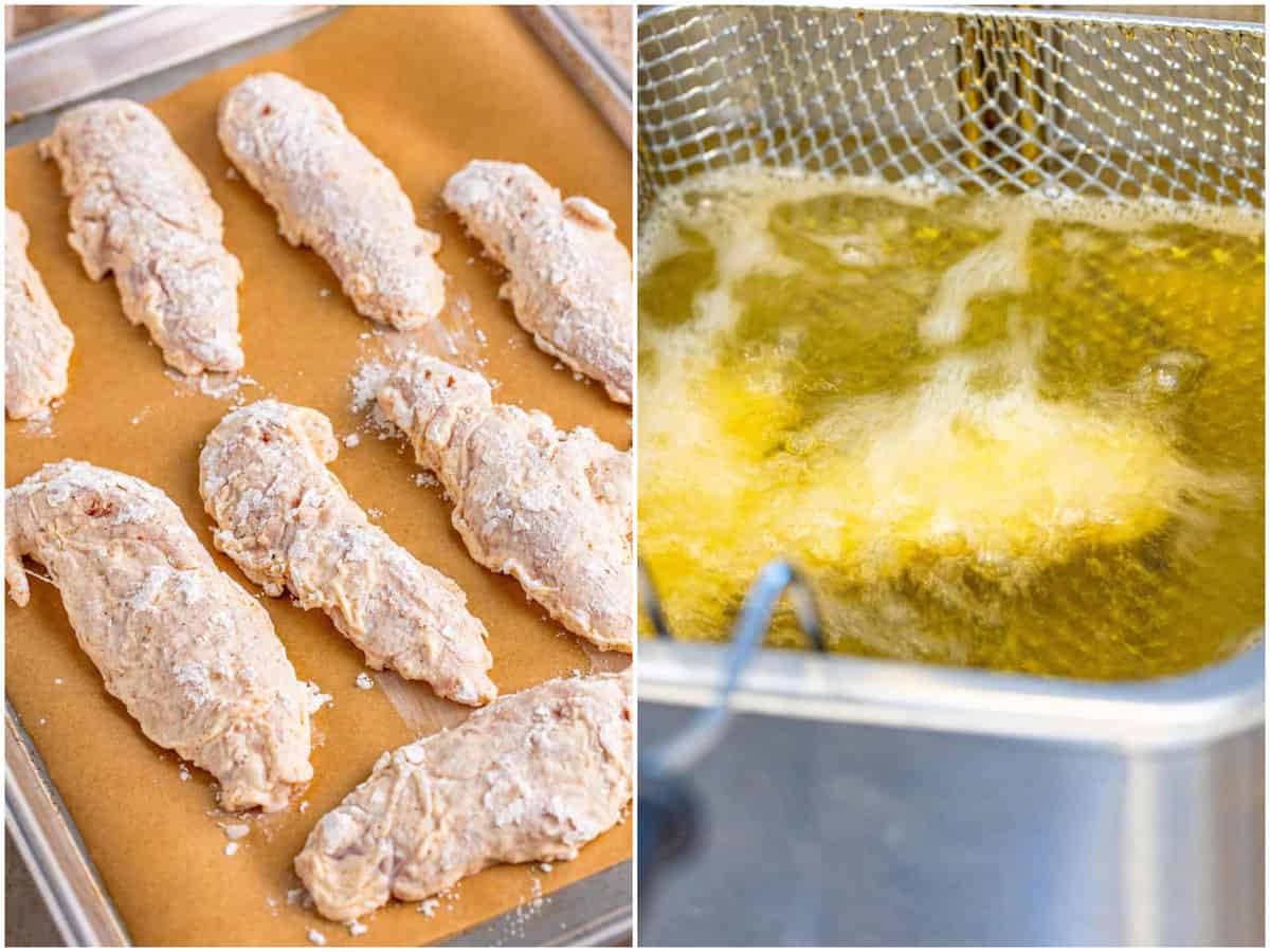 collage of two photos: batter coated chicken tenders on a baking sheet; chicken tenders frying in oil in a deep fryer. 