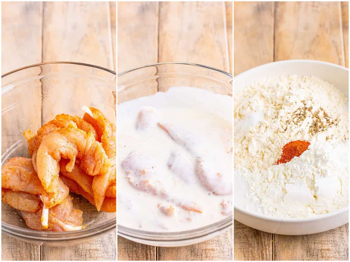 collage of three photos: seasoned chicken tenders; chicken tenders in buttermilk; seasoned flour in a bowl. 