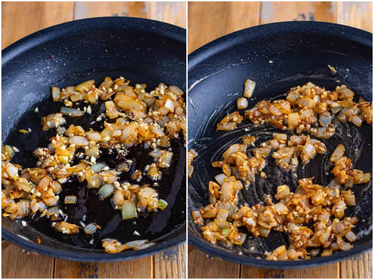 collage of two photos: minced garlic added to cooked onions in the skillet; flour whisked into diced onion mix in skillet. 