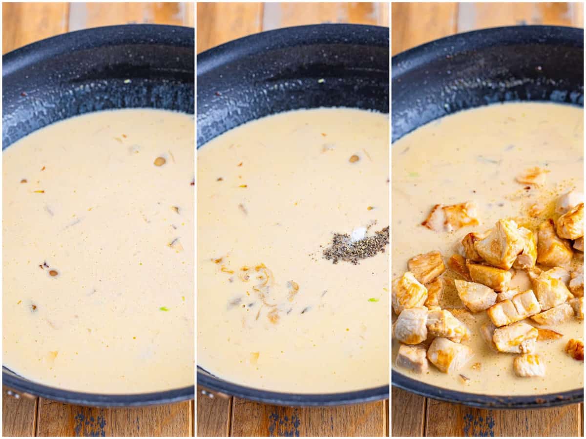 collage of three photos: a creamy sauce in a skillet; 