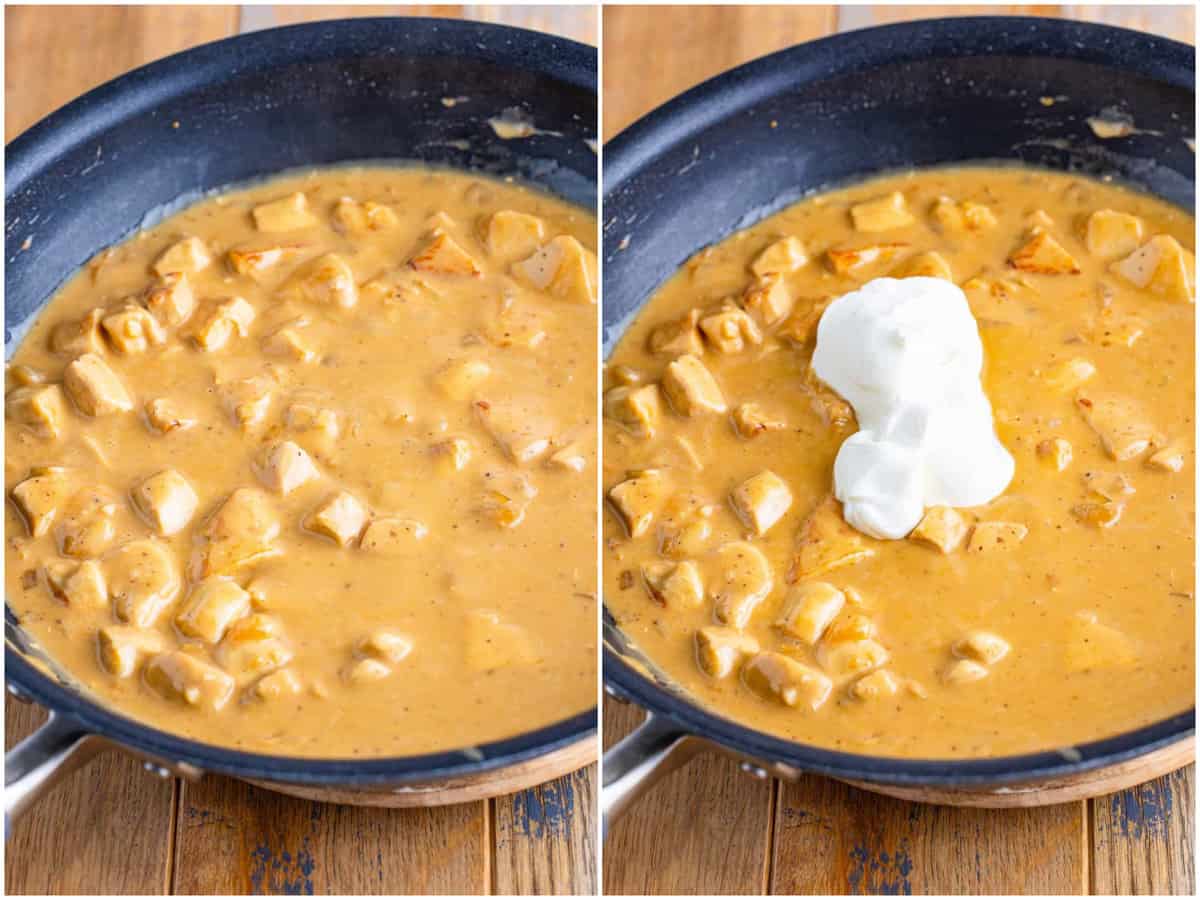 collage of two photos: stroganoff cream sauce simmering in a skillet; sour cream added to skillet. 