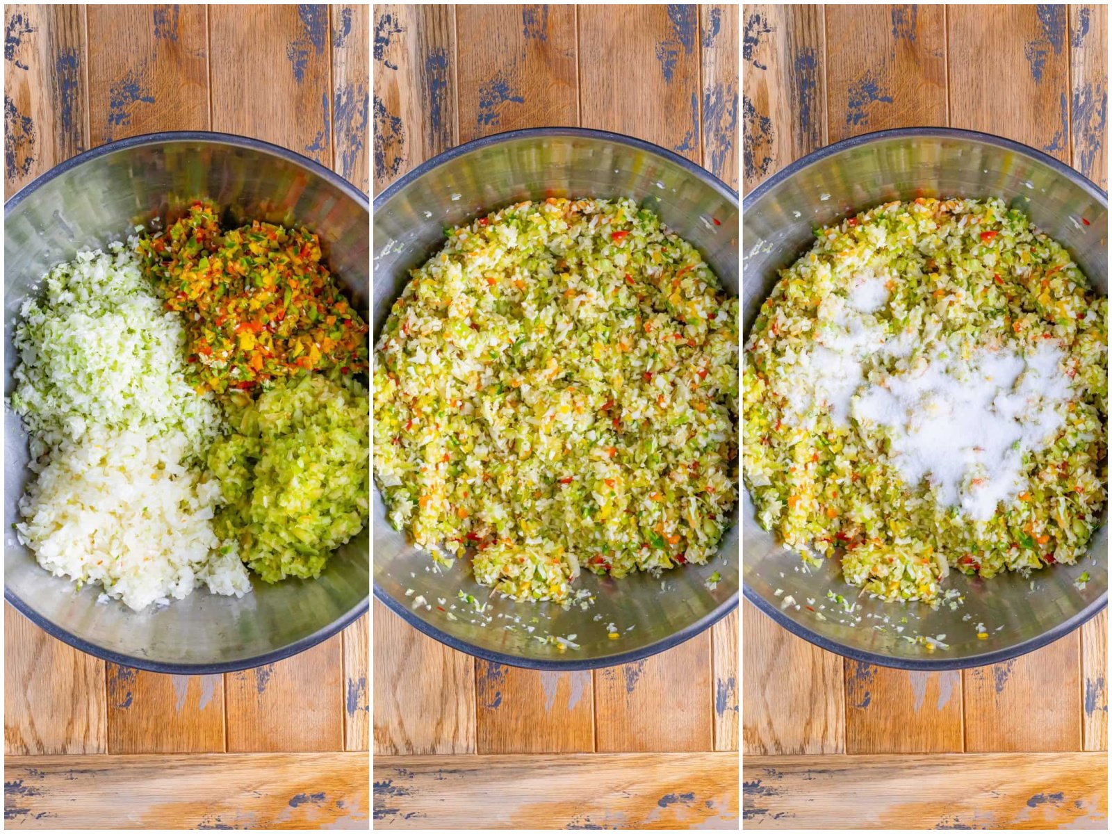 collage of three photos: processed onions, peppers, cabbage and green tomatoes in a bowl; mixture all stirred together; pickling salt added on top of relish mixture. 