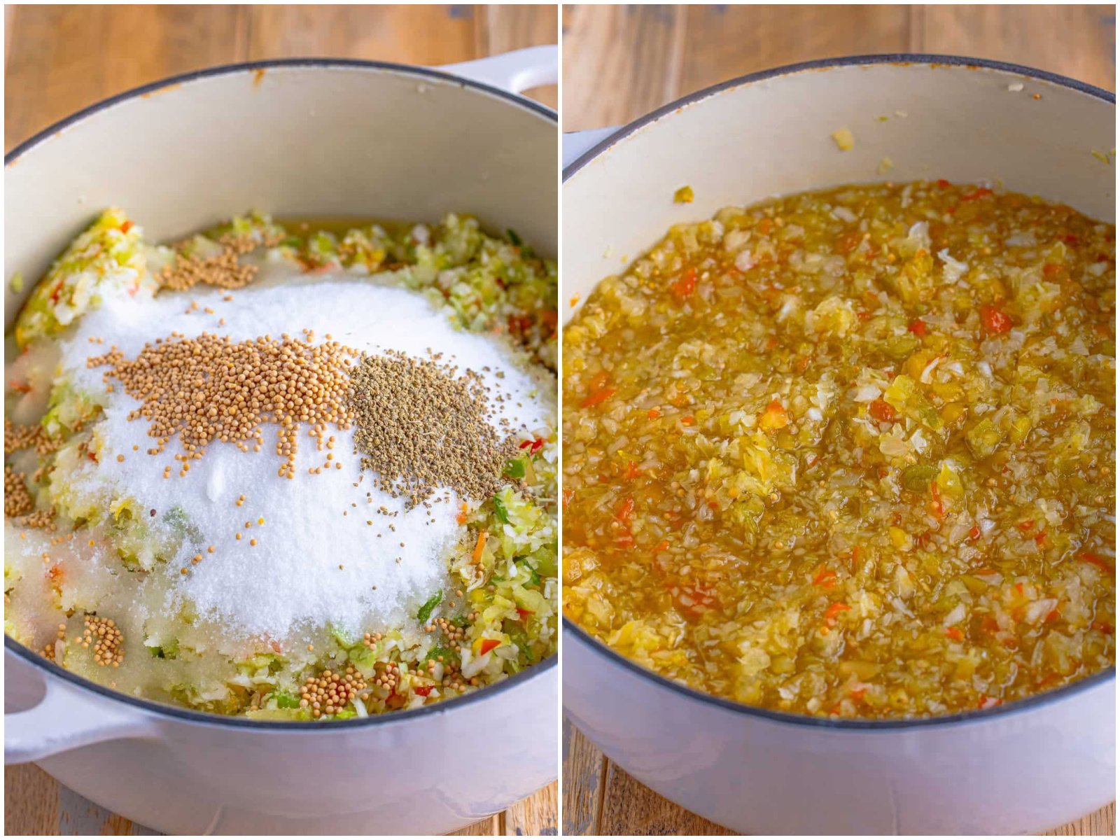 collage of two photos: chopped veggies added to a large pot then topped with sugar, vinegar, celery and mustard seeds; mixture after it has been simmered for 10 minutes.