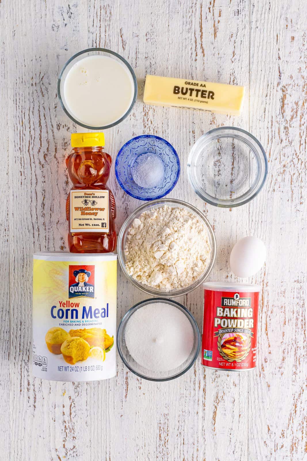 Yellow cornmeal, egg, butter, all purpose flour, sugar, salt, honey, milk, water, and baking powder.