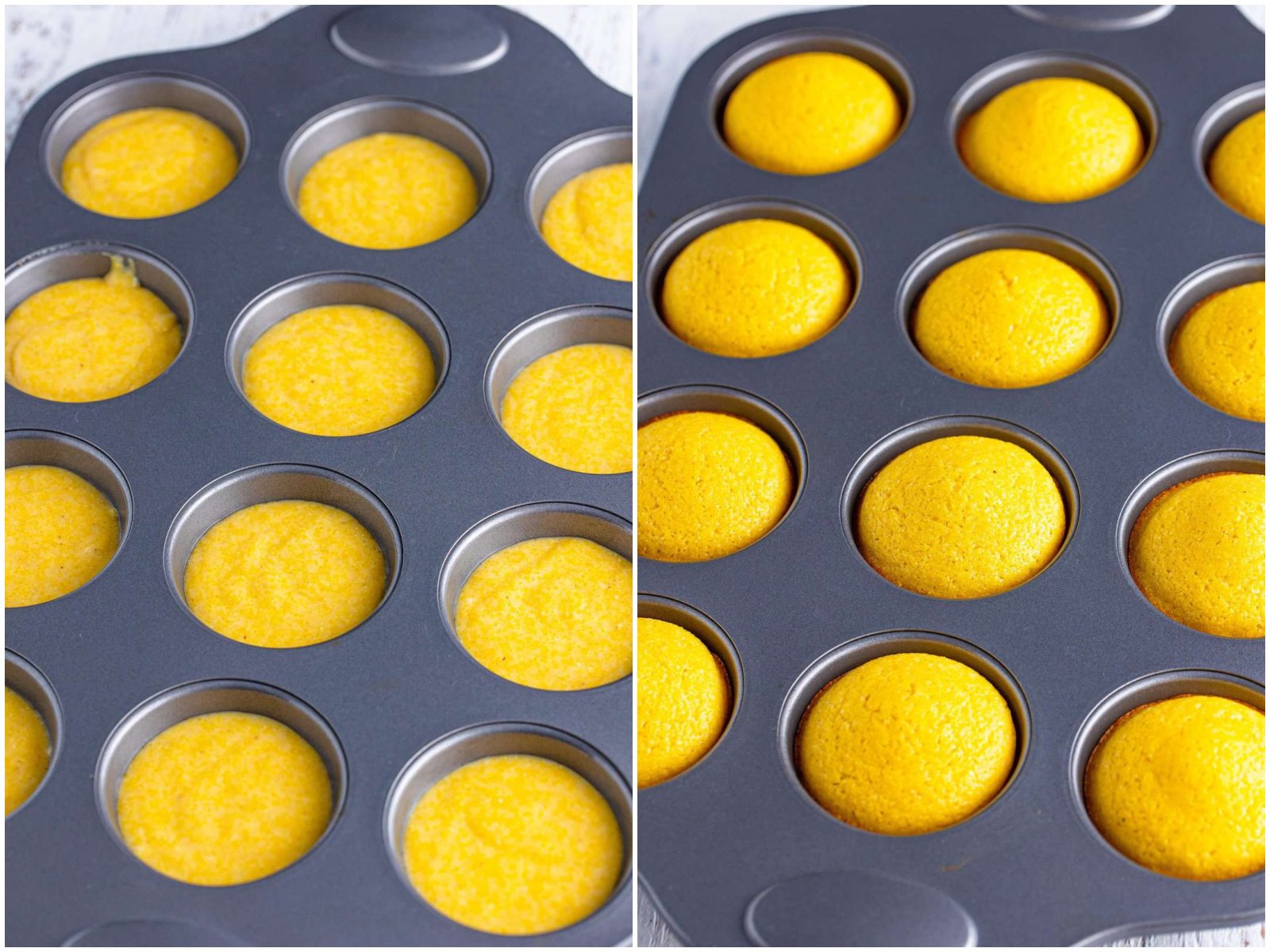 collage of two photos: a muffin pan with the wells filled with Cornbread Muffin batter; fully baked cornbread muffins in muffin tin.