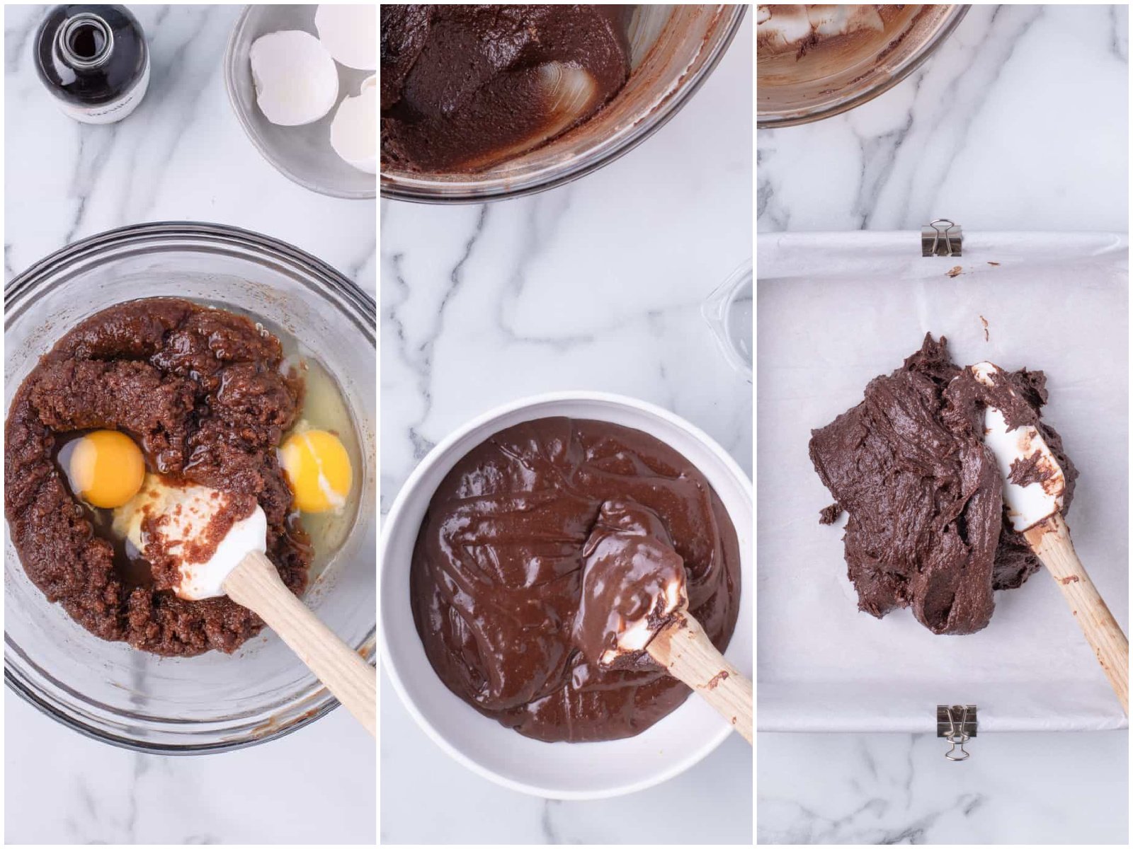 collage of three photos: eggs added to brownie mixture in bowl; one cup of the brownie batter set aside in a separate bowl; brownie batter being spread into baking dish. 