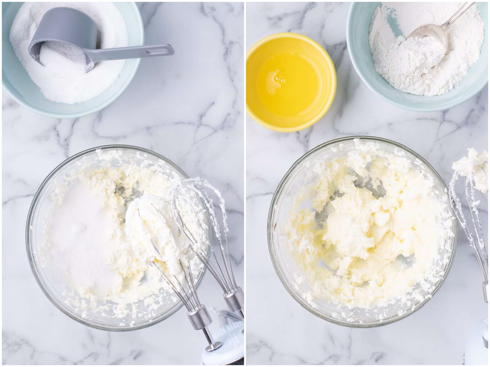 collage of two photos: cream cheese and sugar in a mixing bowl; egg white and flour added to beaten cream cheese mixture in a bowl. 