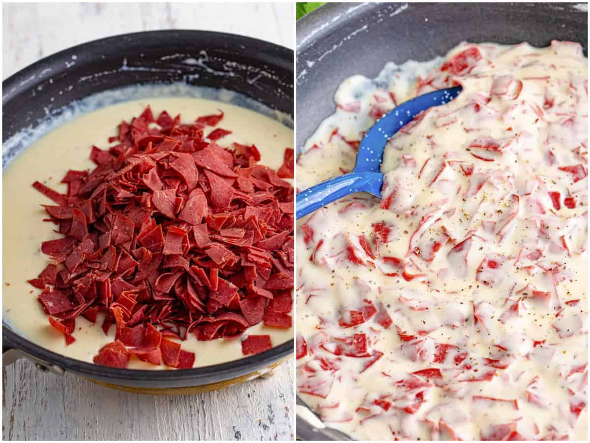 collage of two photos: chopped dried beef added on top of creamy sauce in a skillet; fully cooked creamed chipped beef in skillet. 