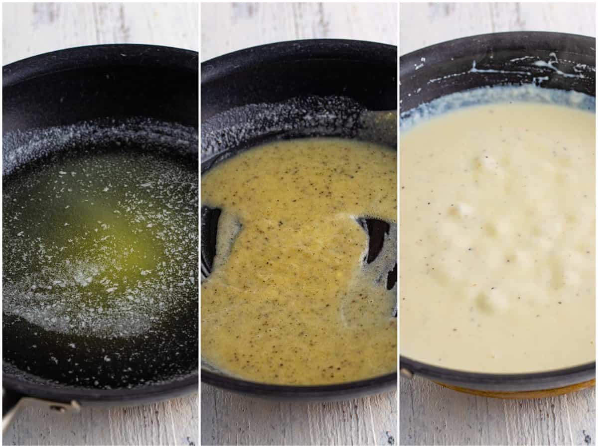 collage of three photos: melted butter in a skillet; flour and pepper added to melted butter; milk added to skillet. 