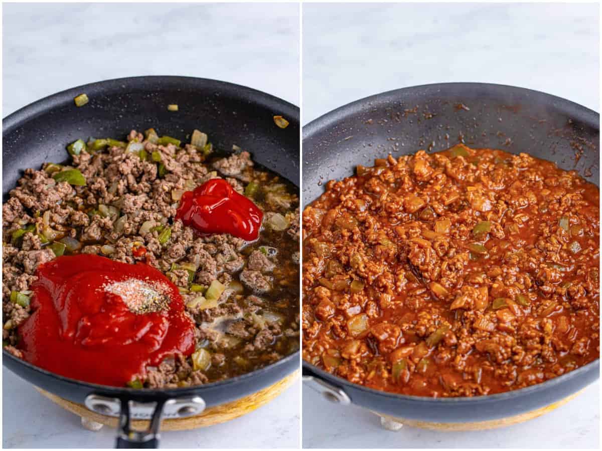 collage of two photos: sloppy Joe liquid ingredients added to the skillet; fully stirred sloppy Joe mix in skillet. 