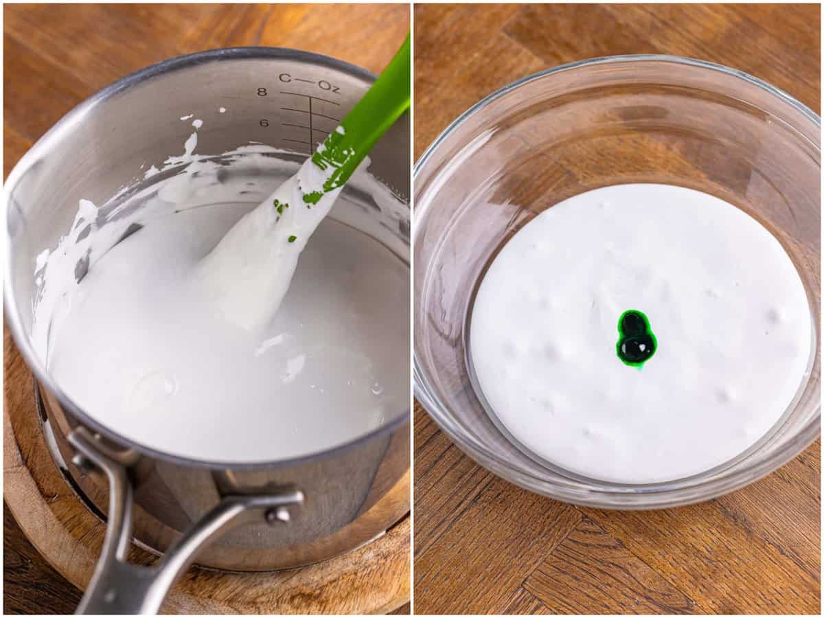 collage of two photos: melted marshmallow fluff in a sauce pan; green food coloring added to melted marshmallow fluff in a bowl. 