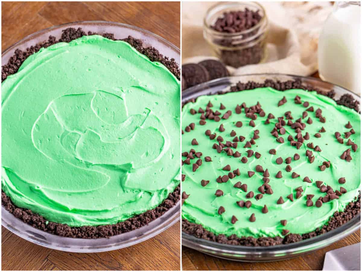 collage of two photos: grasshopper pie filling added to Oreo pie crust; mini chocolate chips sprinkled on top of pie. 