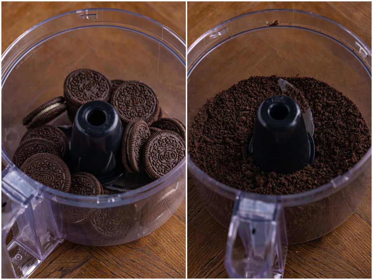 collage of two photos: Oreo cookies in a food processor; fully crushed Oreo cookies in the processor. 