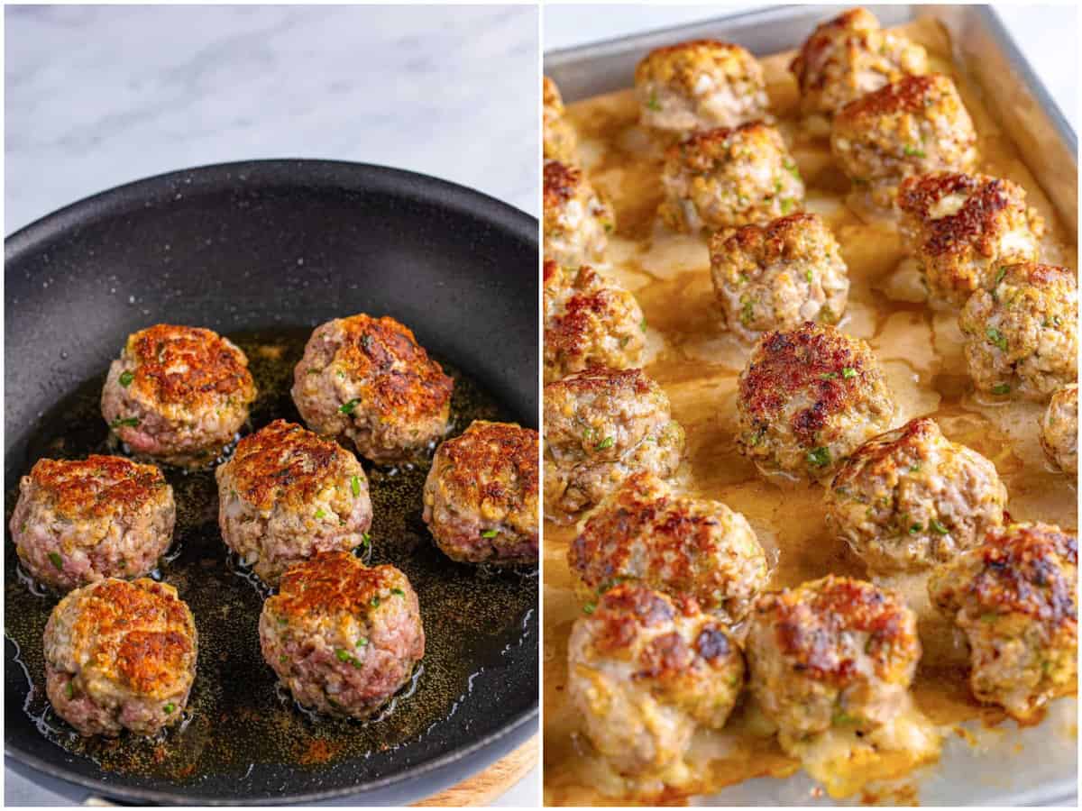 collage of two photos: browning meatballs in a skillet; cooked meatballs on a baking sheet. 