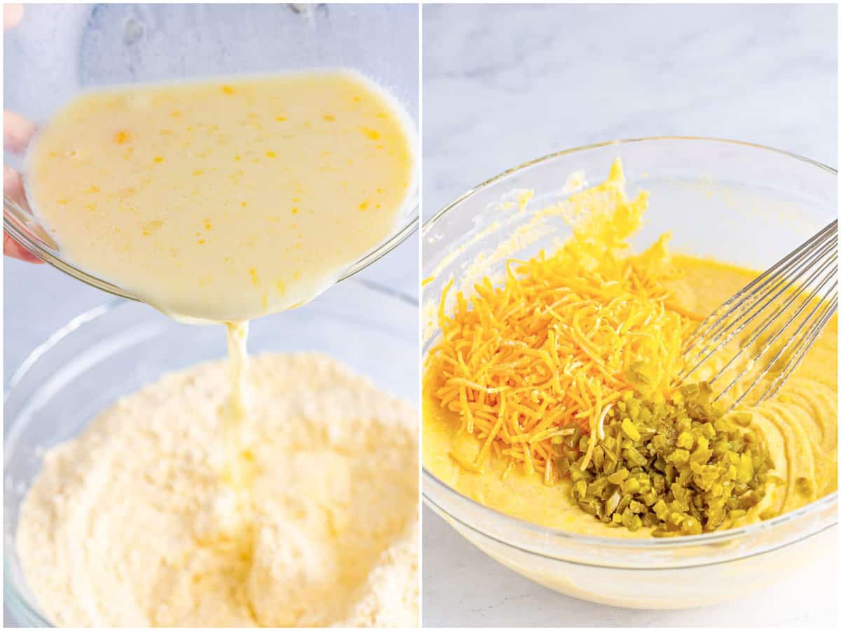 collage of two photos: wet ingredients being poured into the dry ingredients for corn dog batter; shredded cheese and chopped jalapeños added to corn dog batter. 