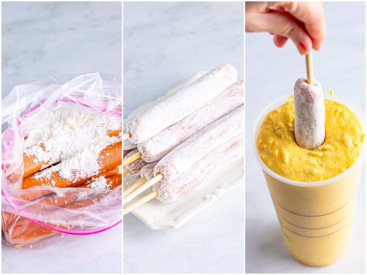 college of three photos: hot dogs with corn starch in a ziploc bag; cornstarch coated hot dogs on skewers on a plate; dipping hot dog into corn dog batter. 